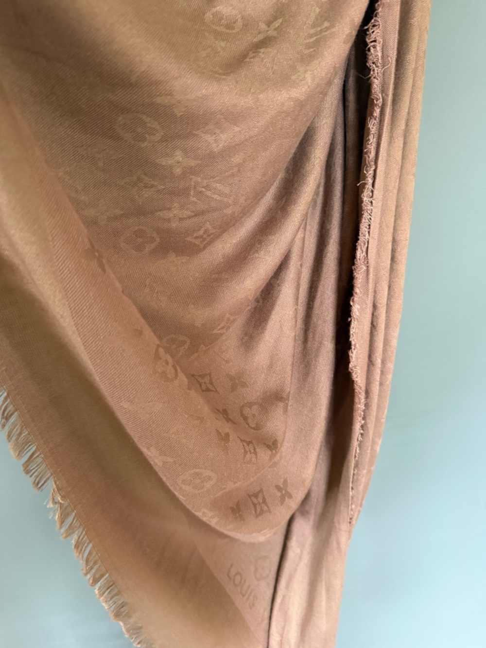 Louis Vuitton taupe Monogram large silk Shawl Scarf 57.5” x 53.5 - Picture 11 of 16